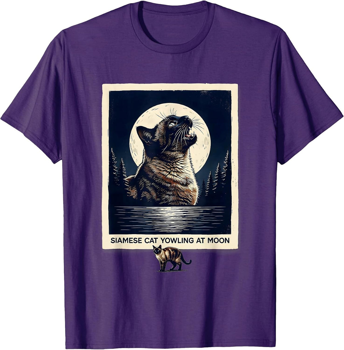 Men's Siamese Cat Yowling at Moon 90's Retro Nature Art T-Shirt - Purple