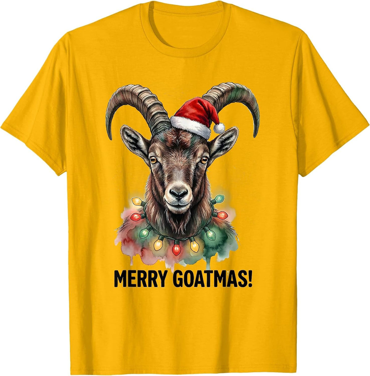 Merry Goatmas! Watercolor Goat Santa Hat Christmas Lights T-Shirt - Golden Yellow