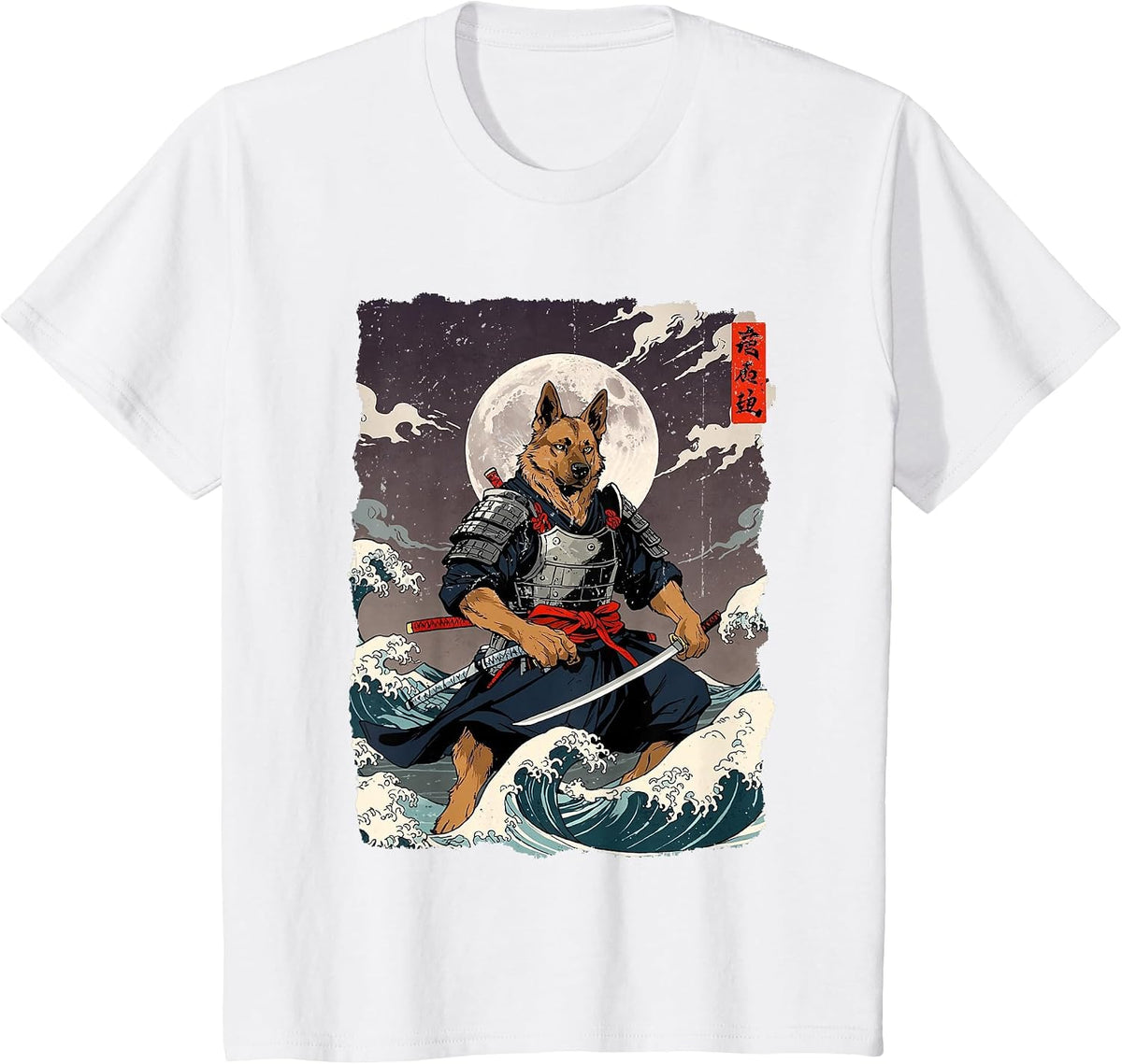 German Shepherd Samurai Japanese Retro Ukiyo-e Warrior Dog T-Shirt - White