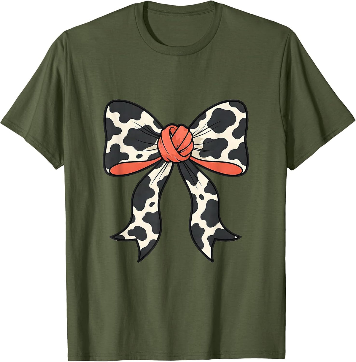 Coquette Bow Cow Print Cute Cow Lover Cow Mom T-Shirt - Olive Green
