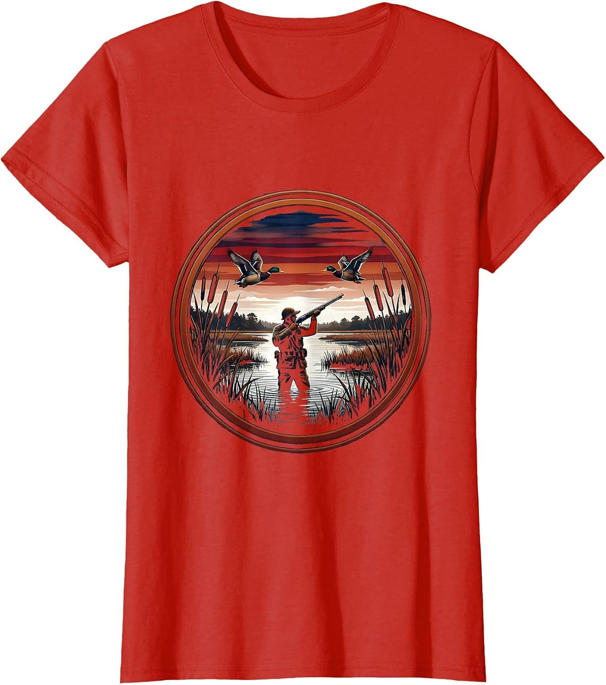 Women's Duck Hunter Rising from Marsh Reeds Illustration T-Shirt - Red