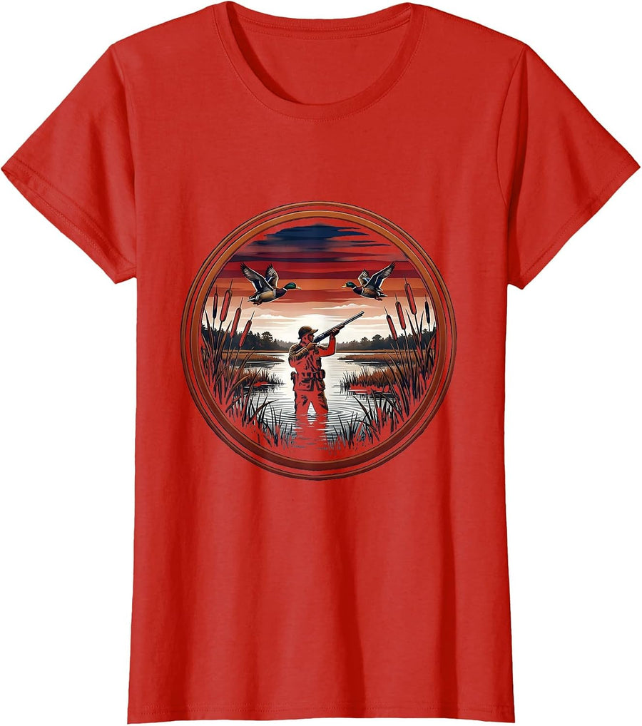 Women's Duck Hunter Rising from Marsh Reeds Illustration T-Shirt - Red