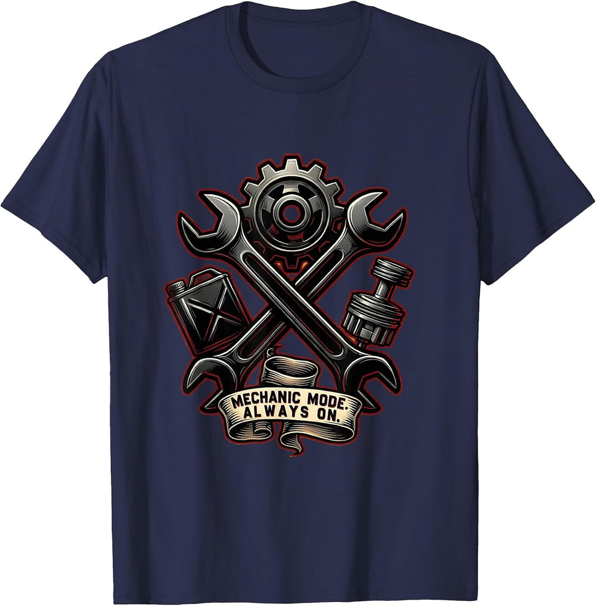 Mechanic Mode Always On Garage Life Design T-Shirt - Navy Blue