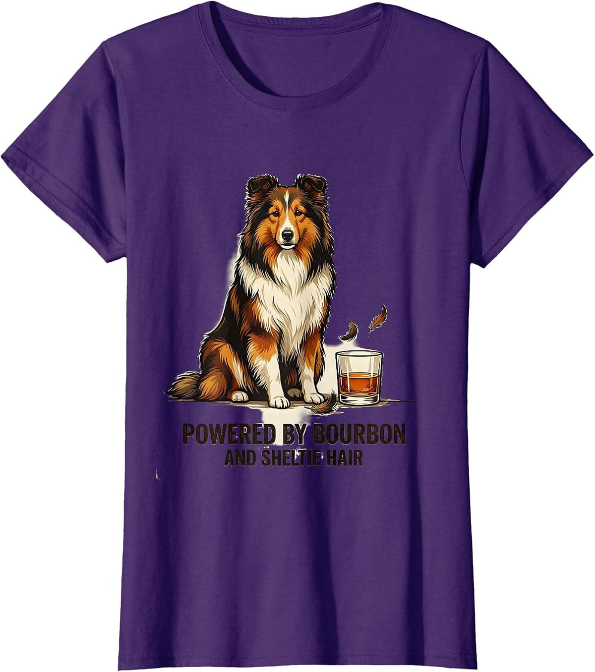 Women's Powered By Bourbon And Sheltie Hair Vintage Dog Owner Coffee T-Shirt - Purple