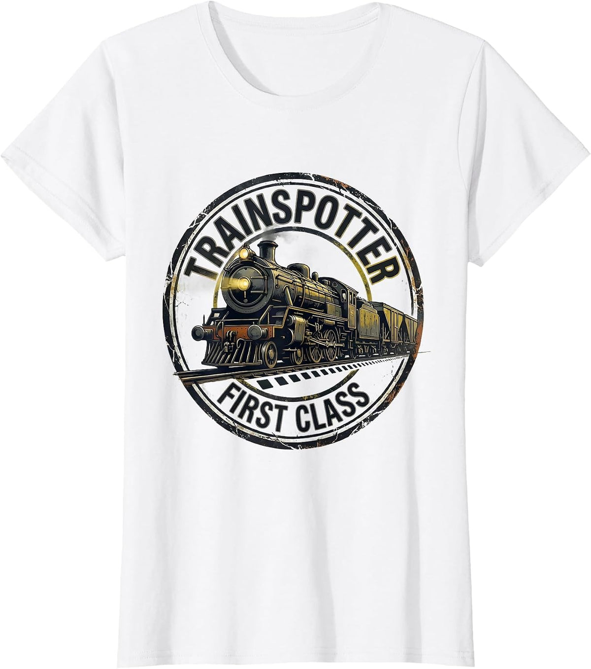 Trainspotter First Class Distressed Steam Locomotive Train T-Shirt - White