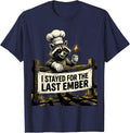 I Stayed For The Last Ember Retro Cartoon Chef Raccoon BBQ T-Shirt - Navy Blue