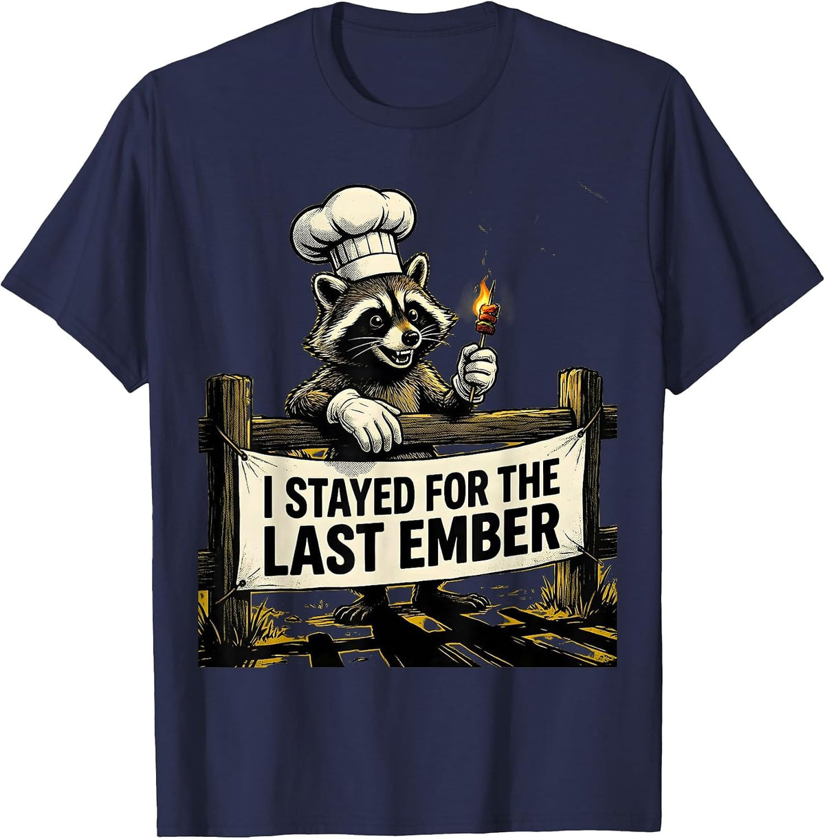 I Stayed For The Last Ember Retro Cartoon Chef Raccoon BBQ T-Shirt - Navy Blue
