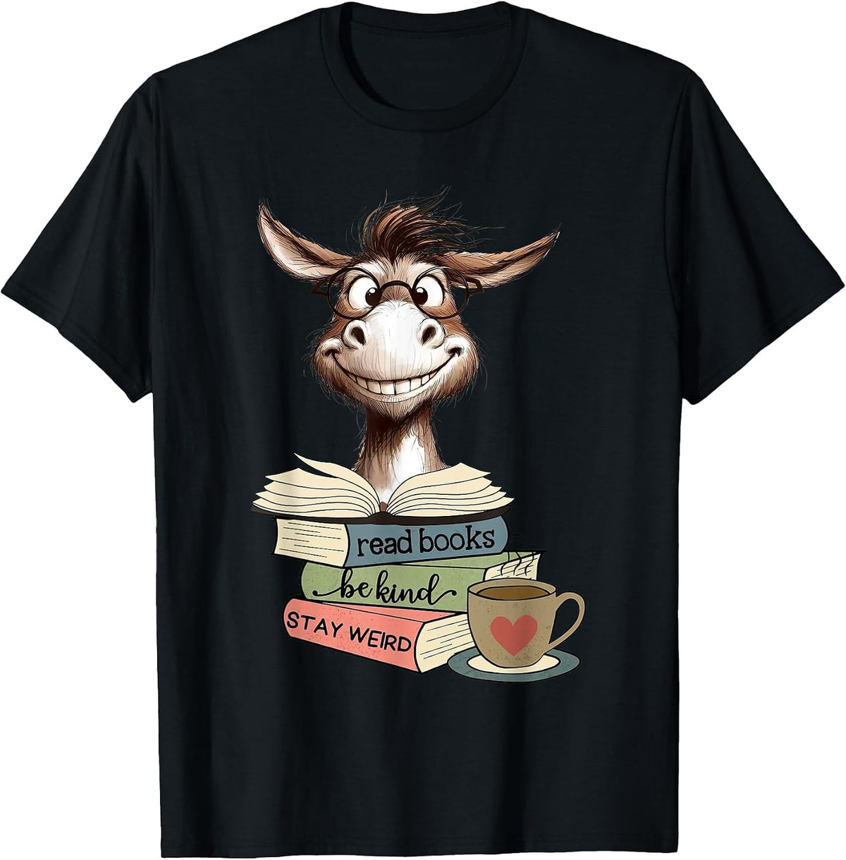 Donkey Reading Book Read Books Be Kind Stay Weird Librarian T-Shirt - Black