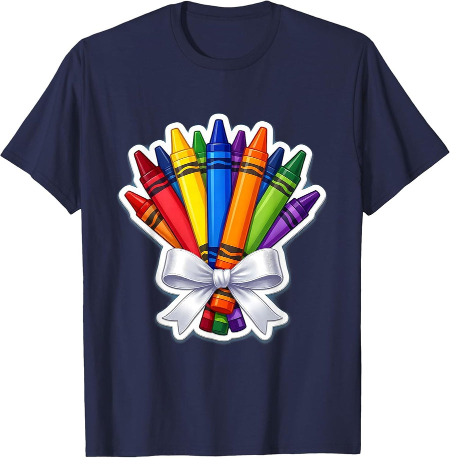 Third Grade Teacher Crayon Bouquet Illustration T-Shirt - Navy Blue