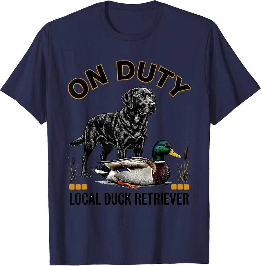 On Duty Local Duck Retriever Scratchboard Labrador Hunting T-Shirt - Navy Blue