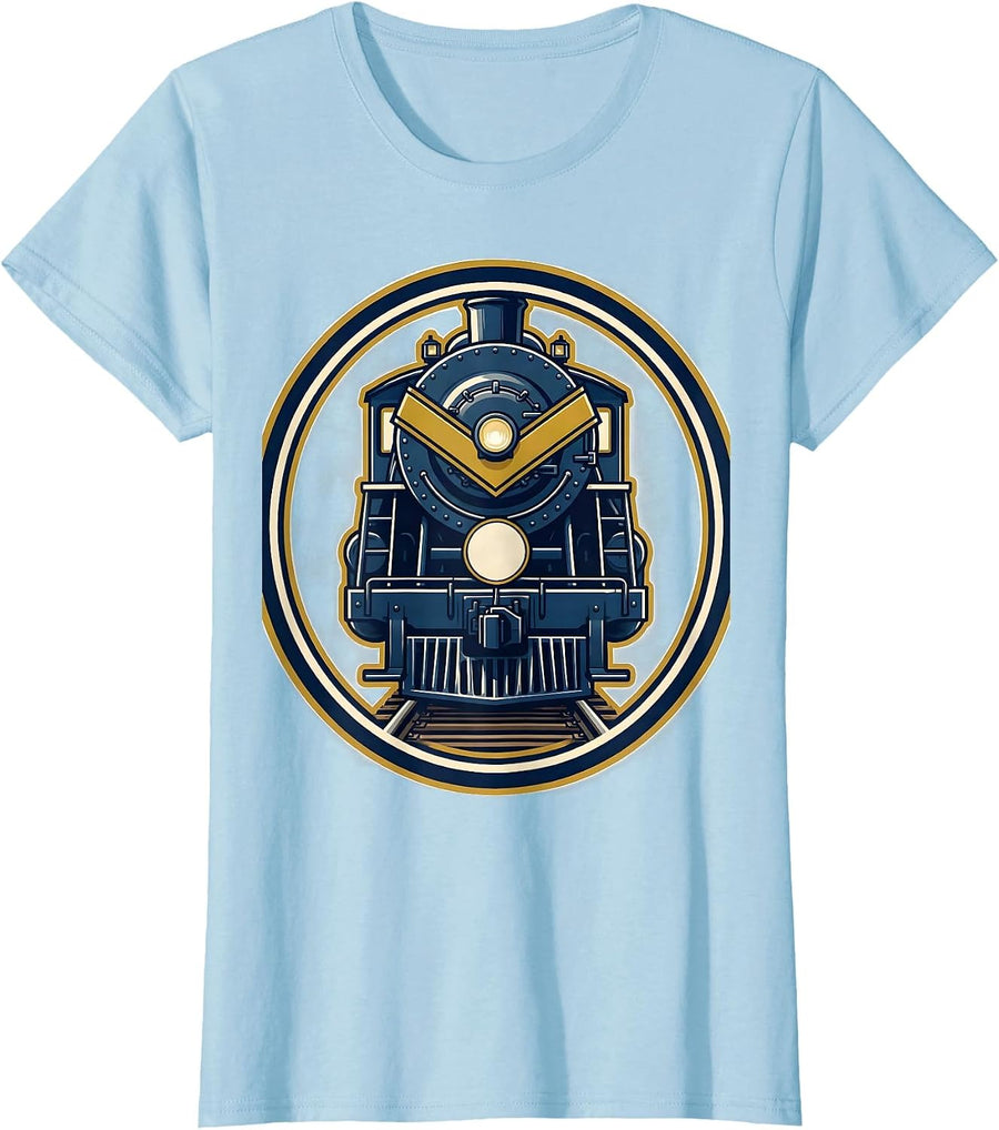 Women's Steam Locomotive Badge Train Enthusiast Vintage Humor T-Shirt - Baby Blue
