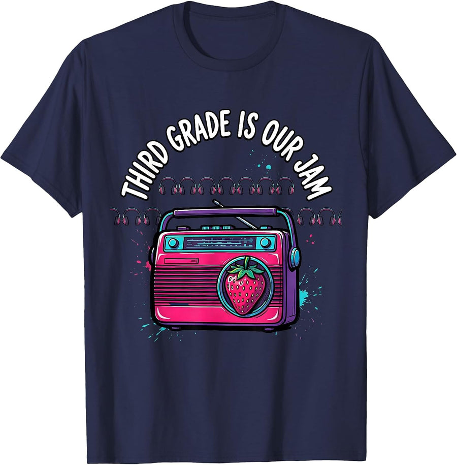 Third Grade Is Our Jam Retro 80s Teacher Student Back T-Shirt - Navy Blue