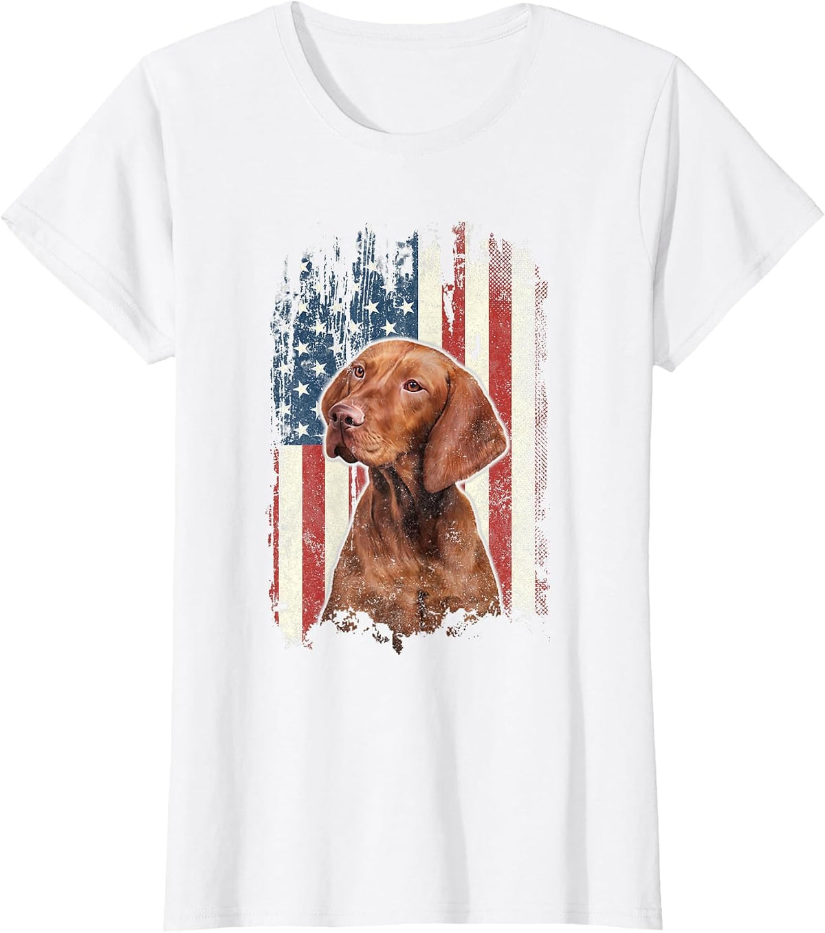 Distressed Vizsla American Flag Patriotic Dog T-Shirt - White