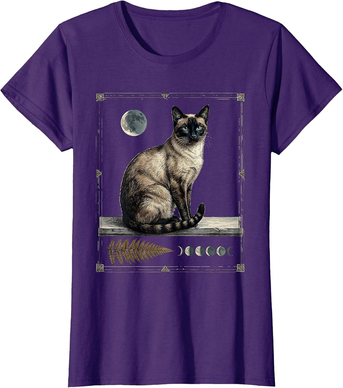 Women's Siamese Cat Moon Gazing 90s Retro Portrait T-Shirt - Purple