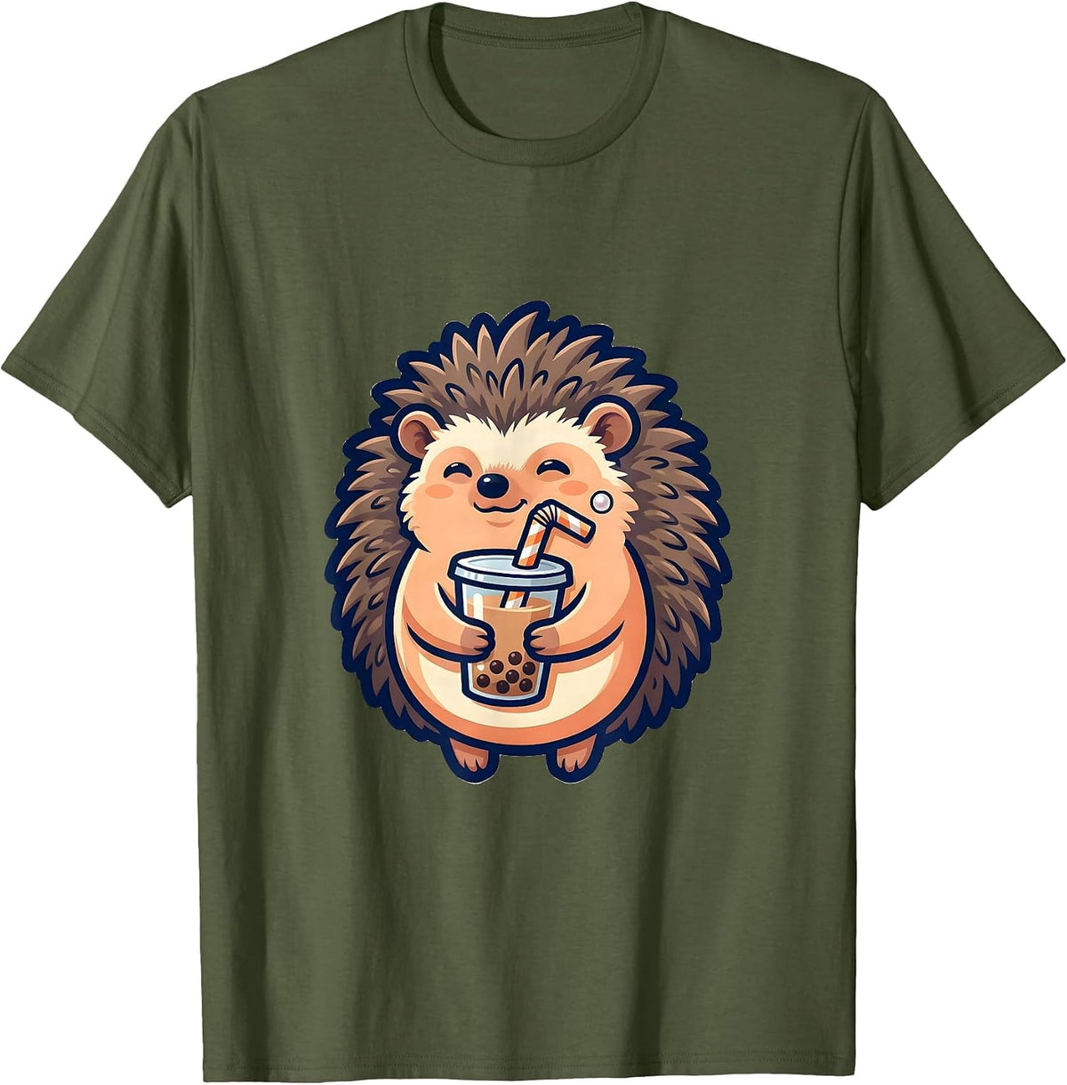 Round Chibi Hedgehog Boba Tea Kawaii Anime Lover T-Shirt - Olive Green