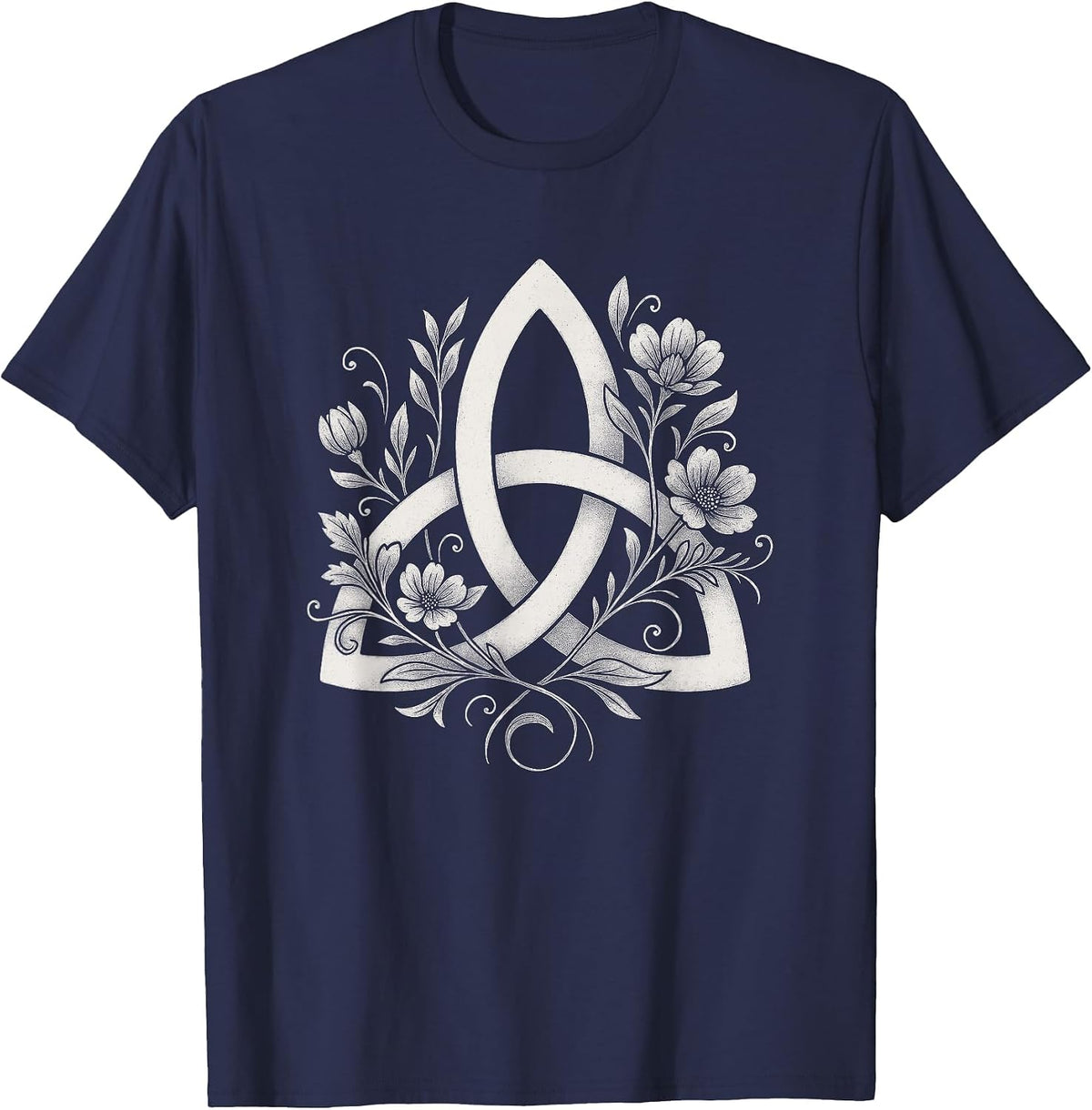 Celtic Knot Triquetra Druid Floral Flowers Pagan Symbol Art T-Shirt - Navy Blue
