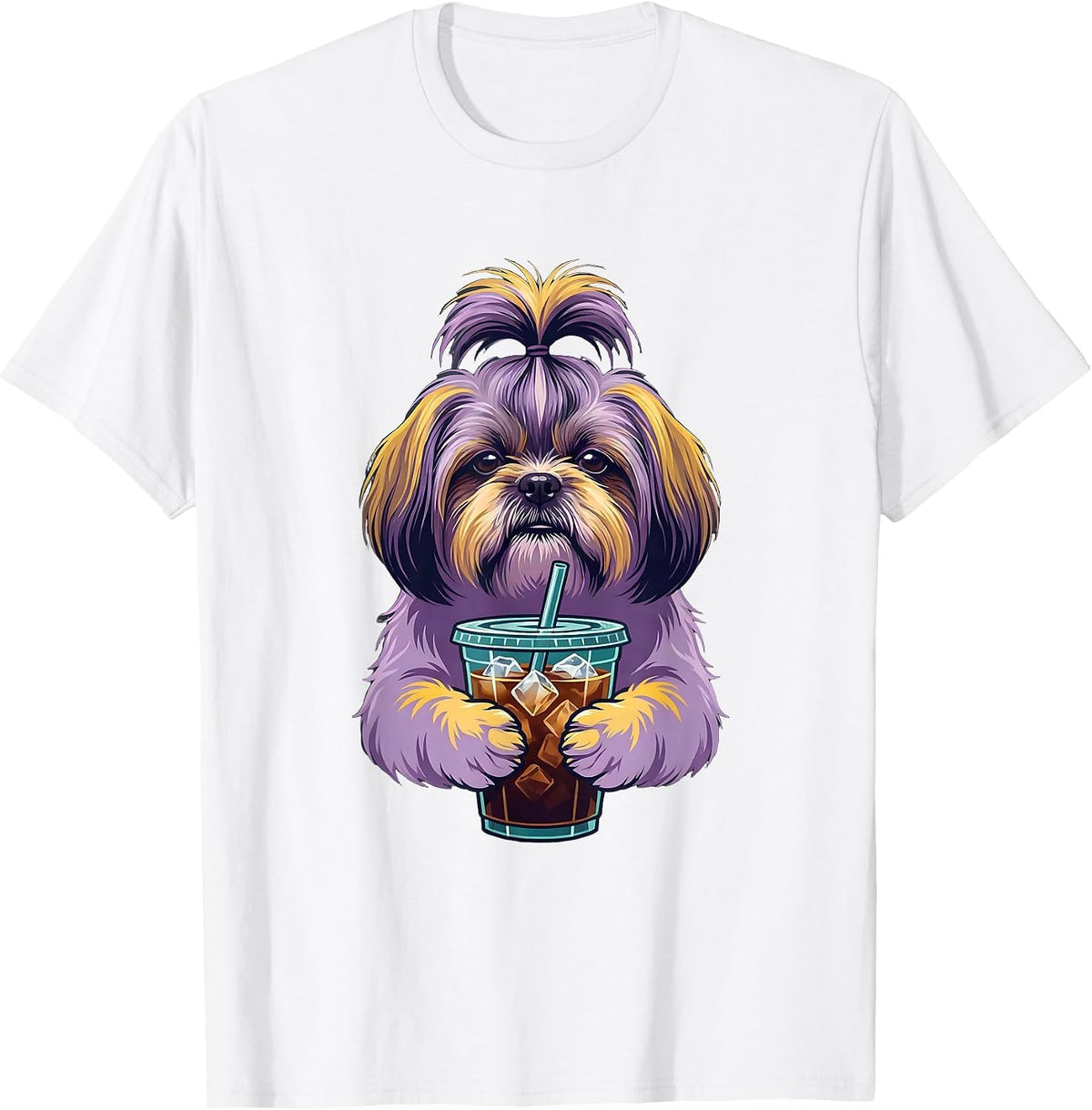 Shih Tzu Drinking Iced Coffee Funny Dog Lover T-Shirt - White