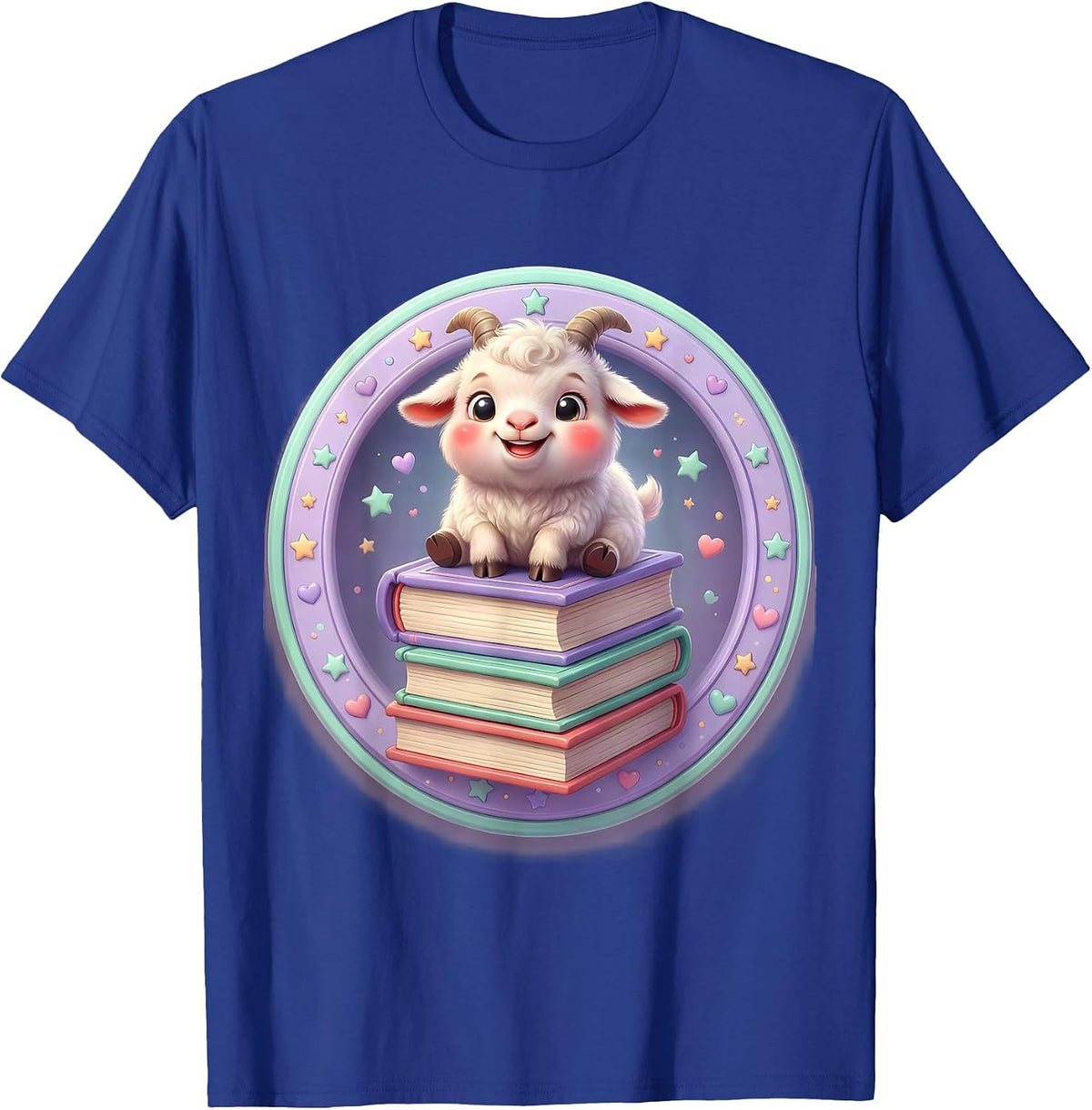 Men's Goat Standing on Stacked Books Illustration T-Shirt - Royal Blue
