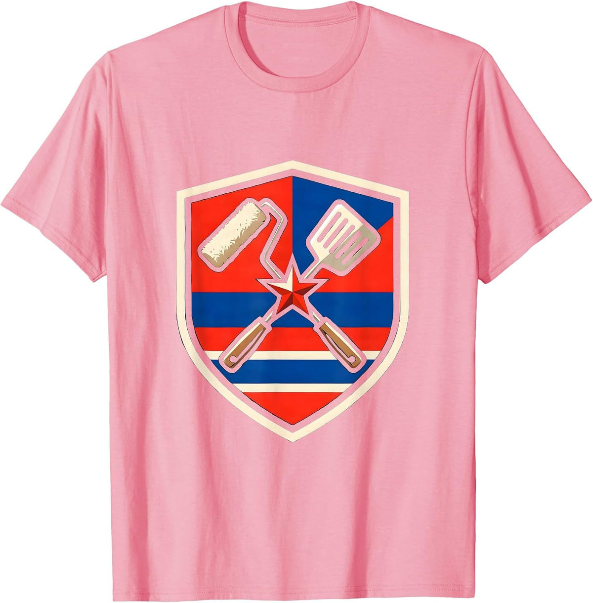 Men's Varsity Shield Paint Roller BBQ Spatula Labor Day Patriotic T-Shirt - Pink
