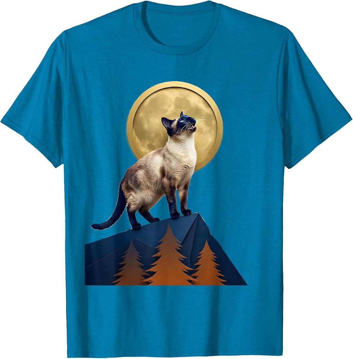Siamese Cat Howling at Moon Retro Fantasy T-Shirt - Sapphire Blue