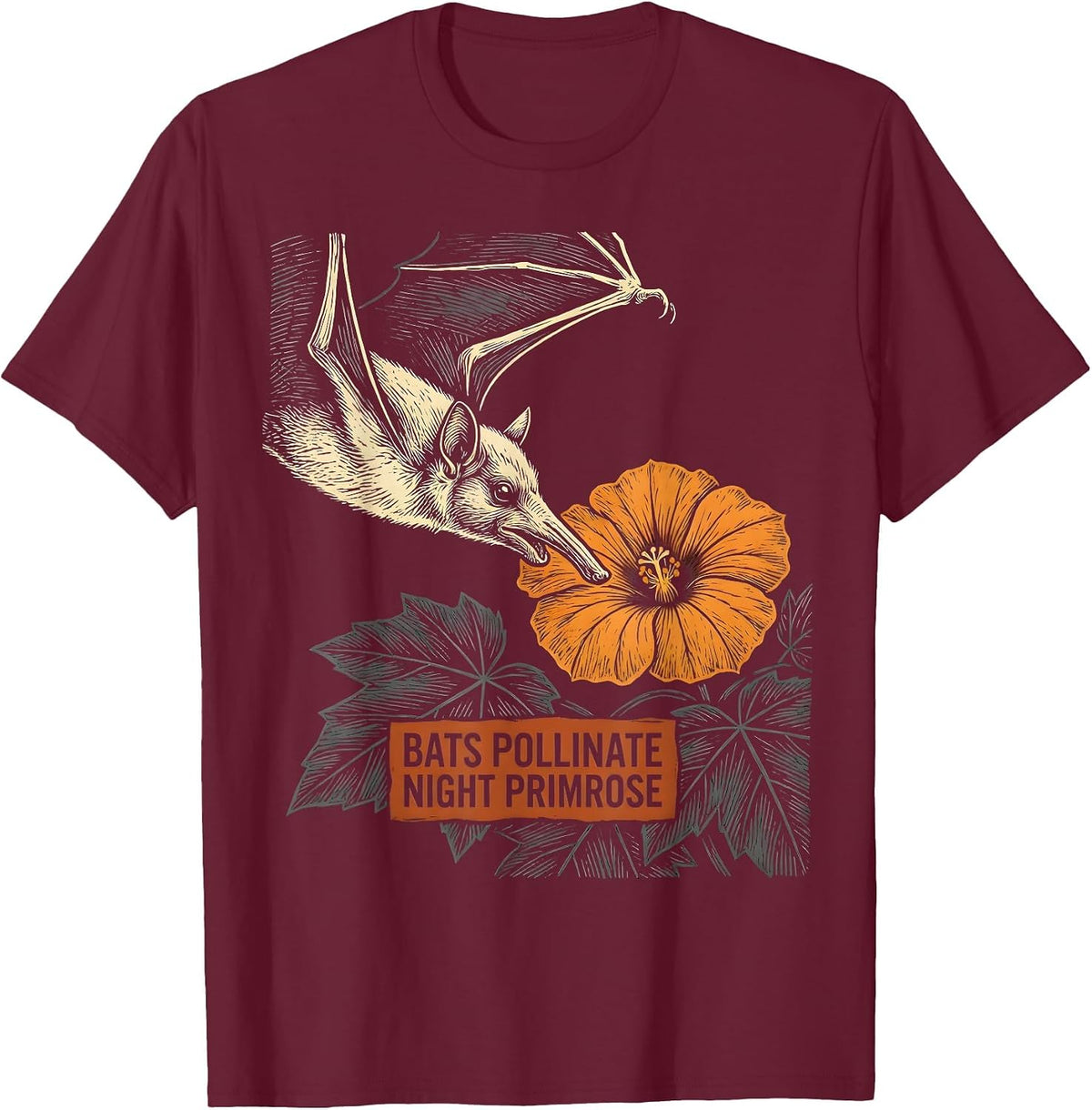 Bats Pollinate Night Primrose Linocut Gothic Bat Lover T-Shirt - Burgundy