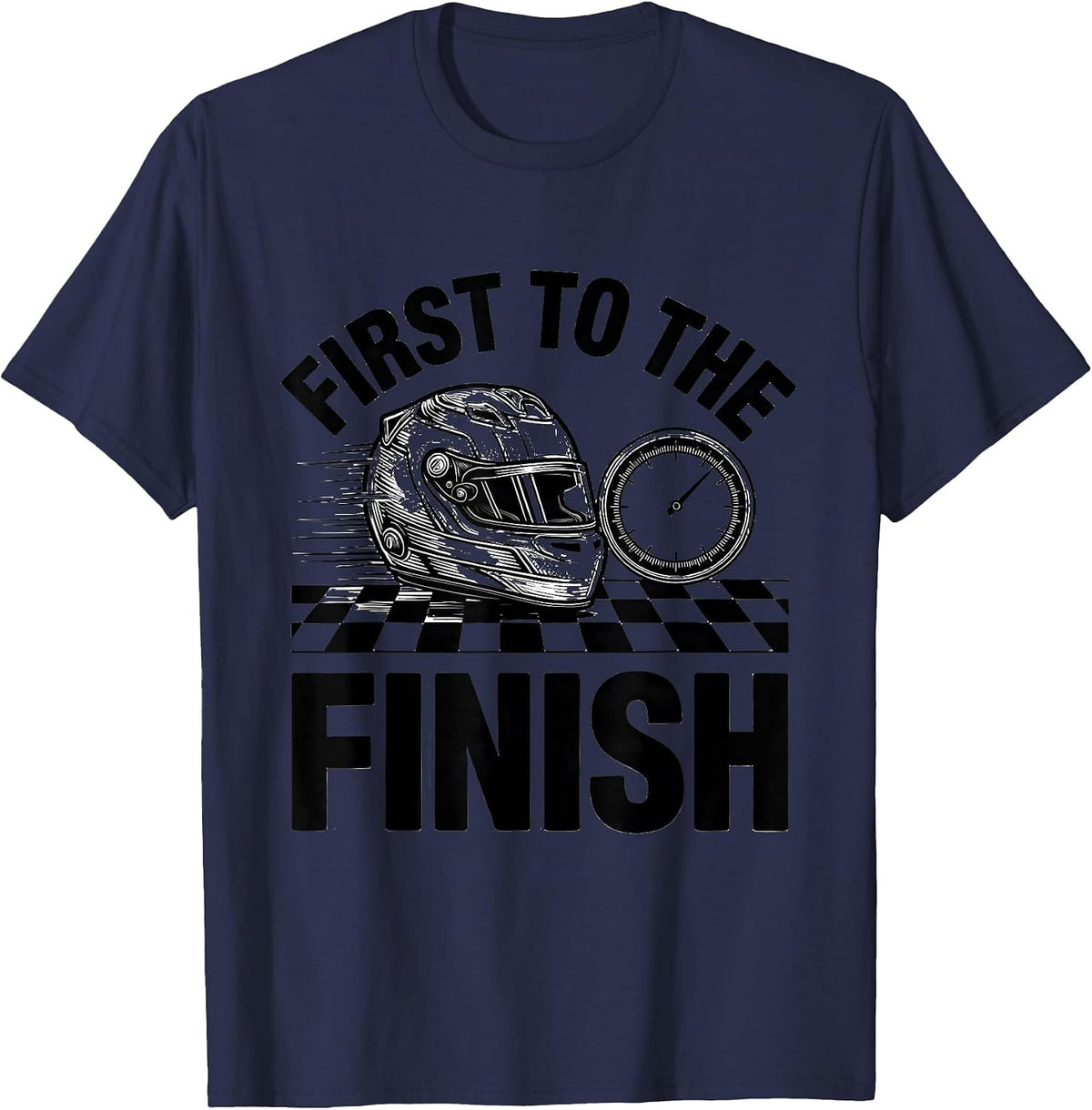 First To The Finish Racing Fan Checkered Flag Motorsport T-Shirt - Navy Blue