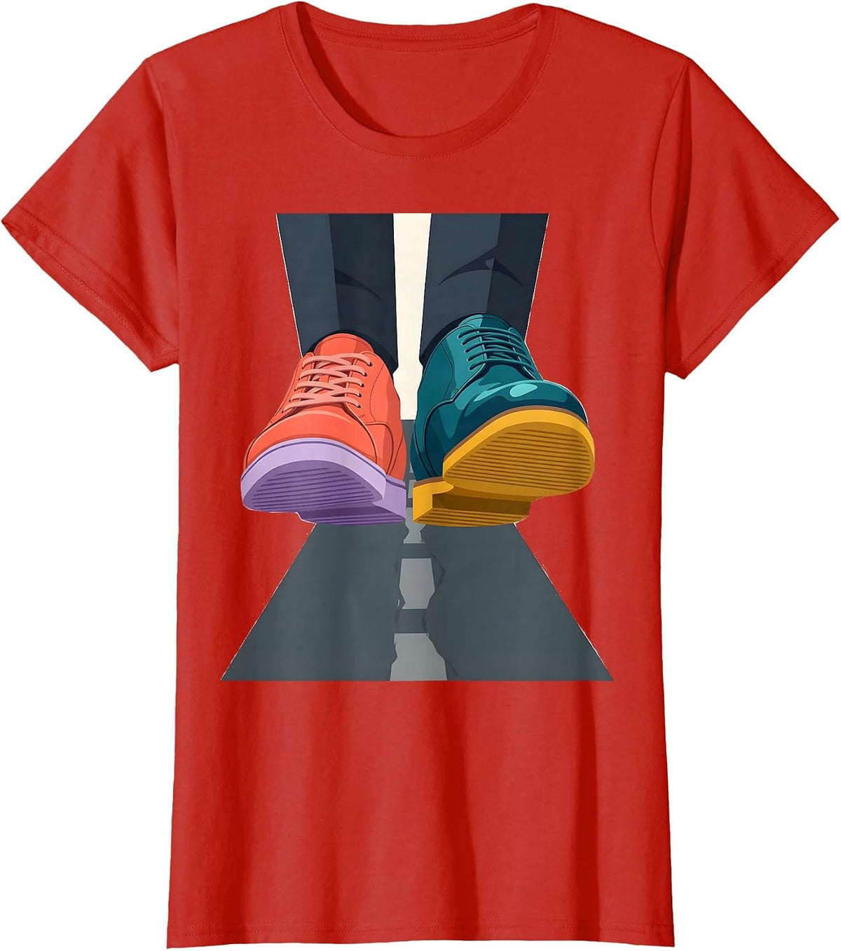 Neurodiversity Two Shoes Same Path Illustration T-Shirt - Red