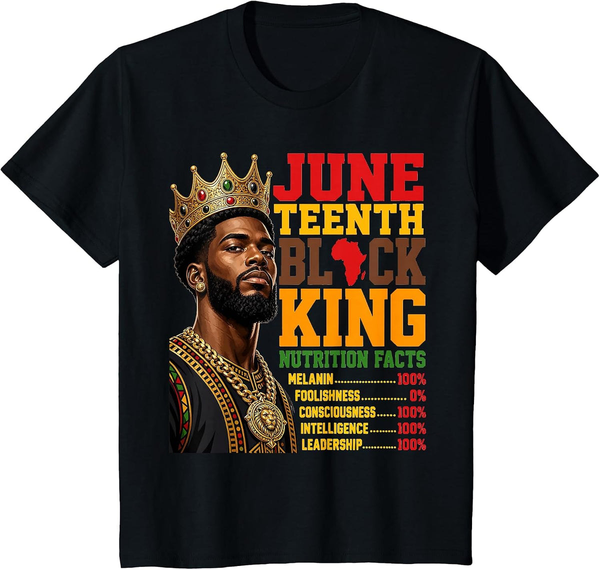 Juneteenth Black King Nutrition Facts Crown Design T-Shirt - Black