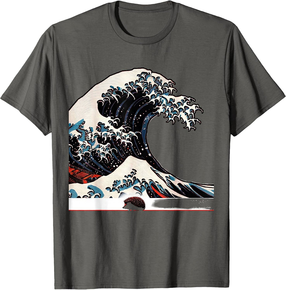 Men's Wave Crest Hedgehog Japanese Art Animal Humor T-Shirt - Asphalt Grey