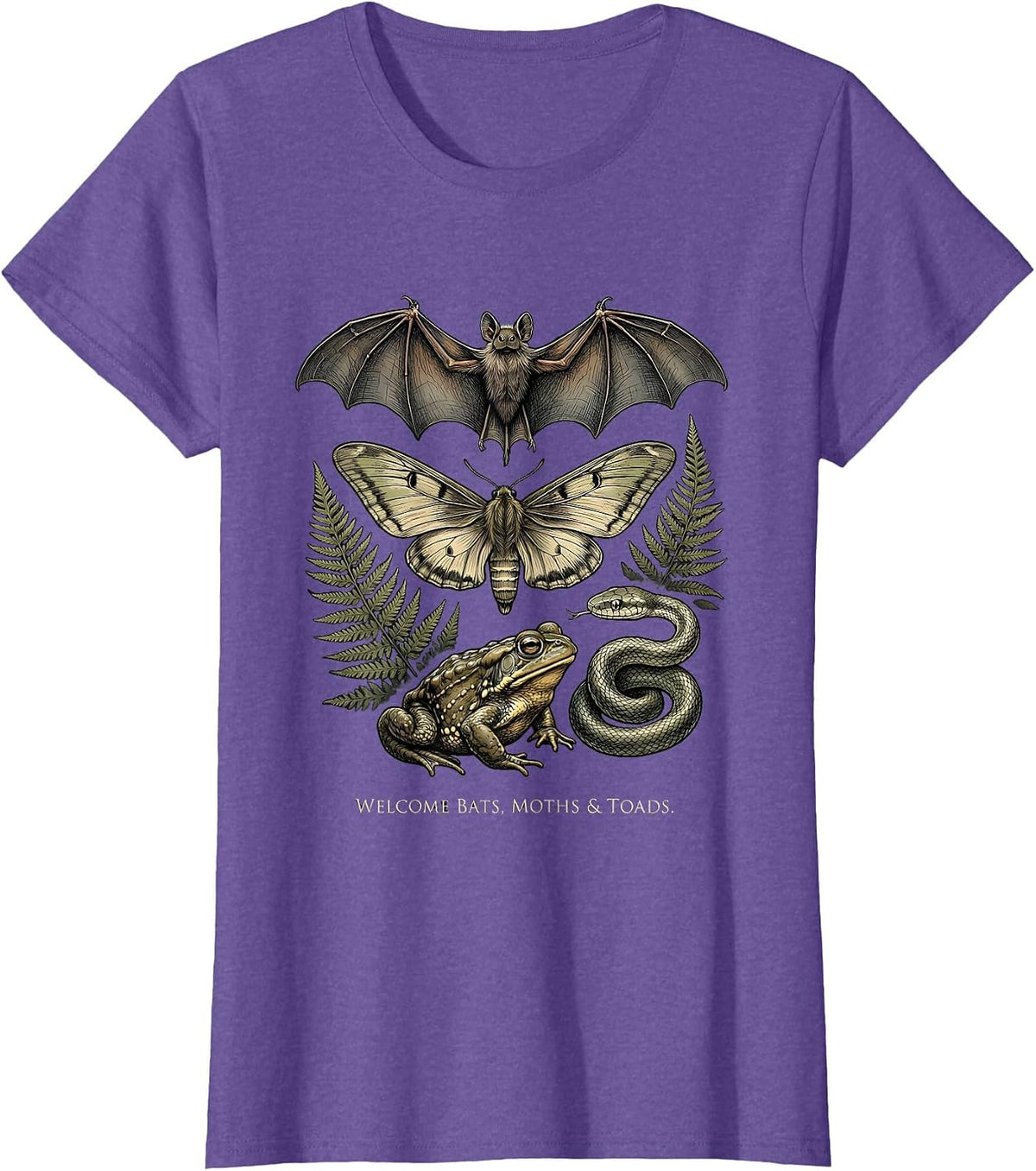 Women's Welcome Bats Moths Toads Nature Lover Animal Appreciation T-Shirt - Purple Heather