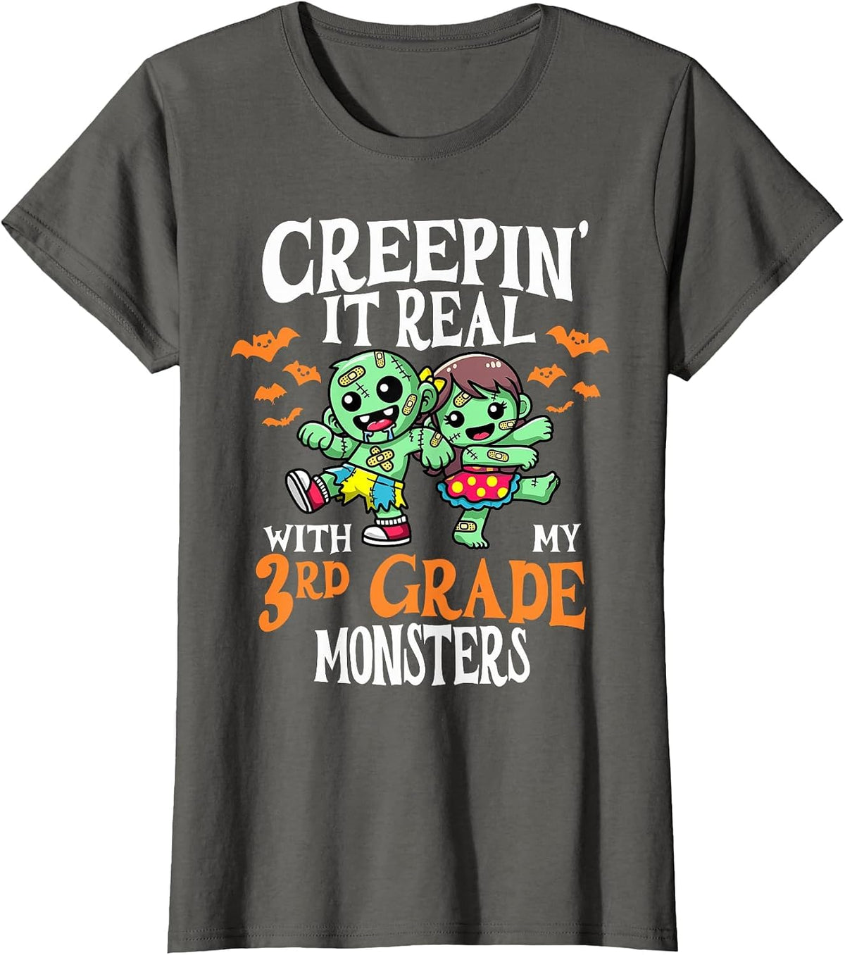 Creepin It Real Monster School 3rd Grade Teacher Halloween T-Shirt - Asphalt Grey