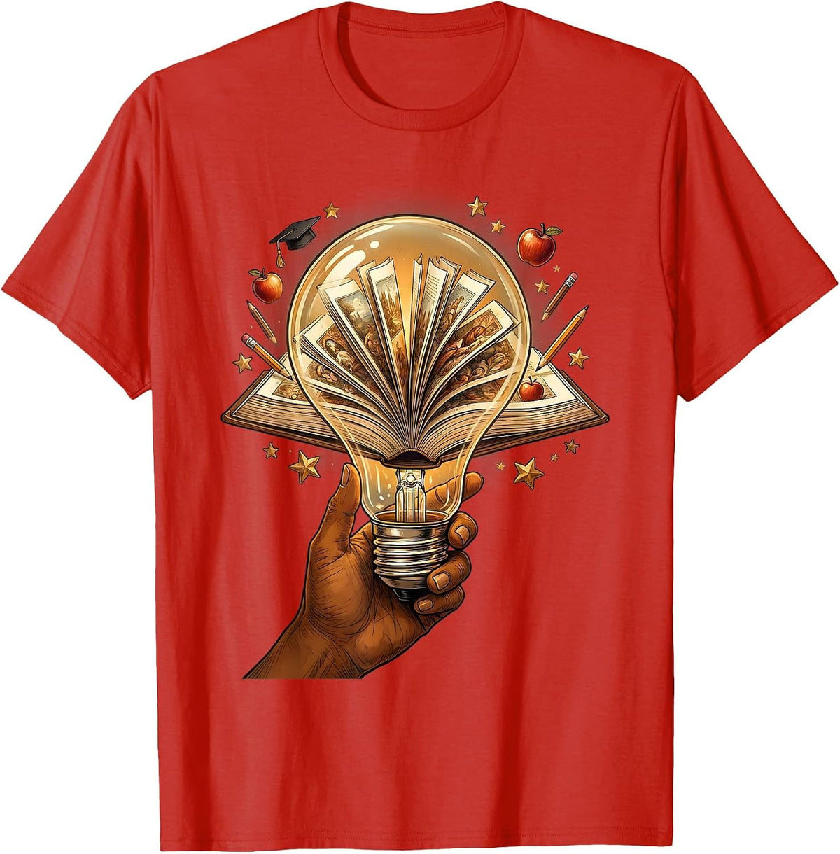 Teacher Lightbulb Moment Glowing Book Illustration T-Shirt - Red