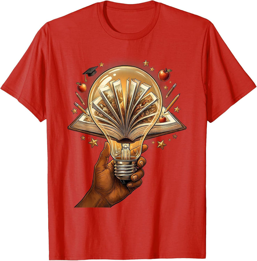 Teacher Lightbulb Moment Glowing Book Illustration T-Shirt - Red