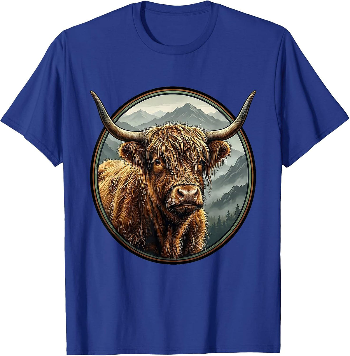 Highland Cow Misty Mountain Illustration T-Shirt - Royal Blue