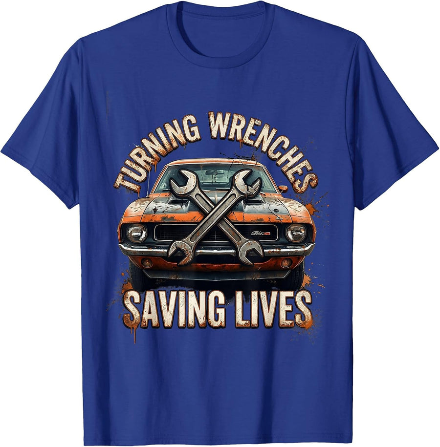 Turning Wrenches Saving Lives Mechanic Design T-Shirt - Royal Blue
