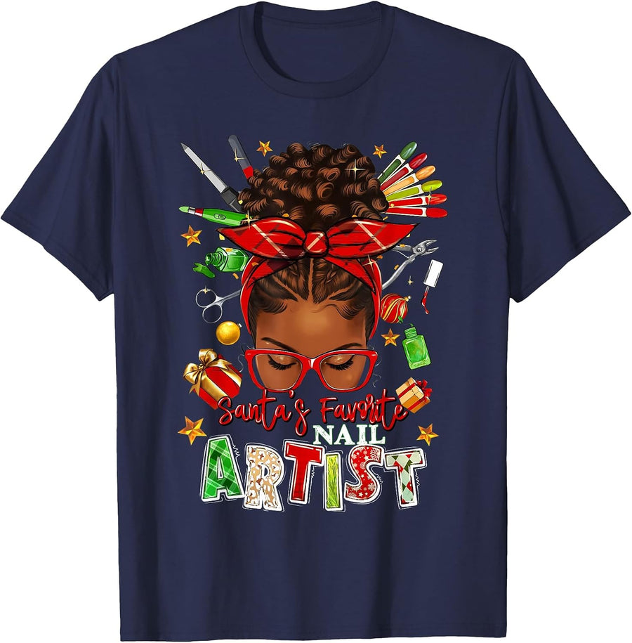 Santa's Favorite Nail Tech Messy Bun Nail Artist Manicurist T-Shirt - Navy Blue