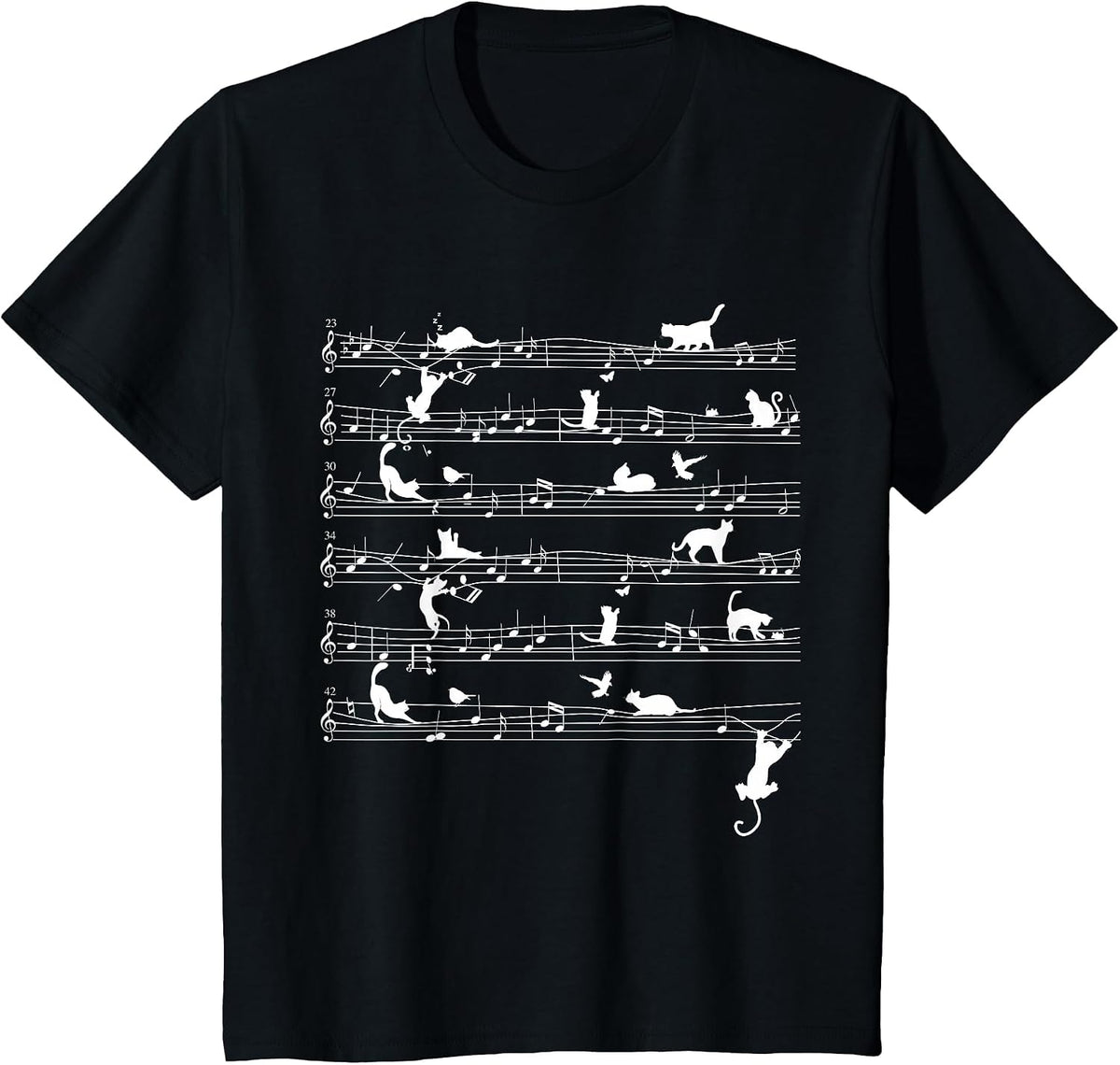 Cute Cat Kitty Playing Music Note Clef Musician Art T-Shirt - Black