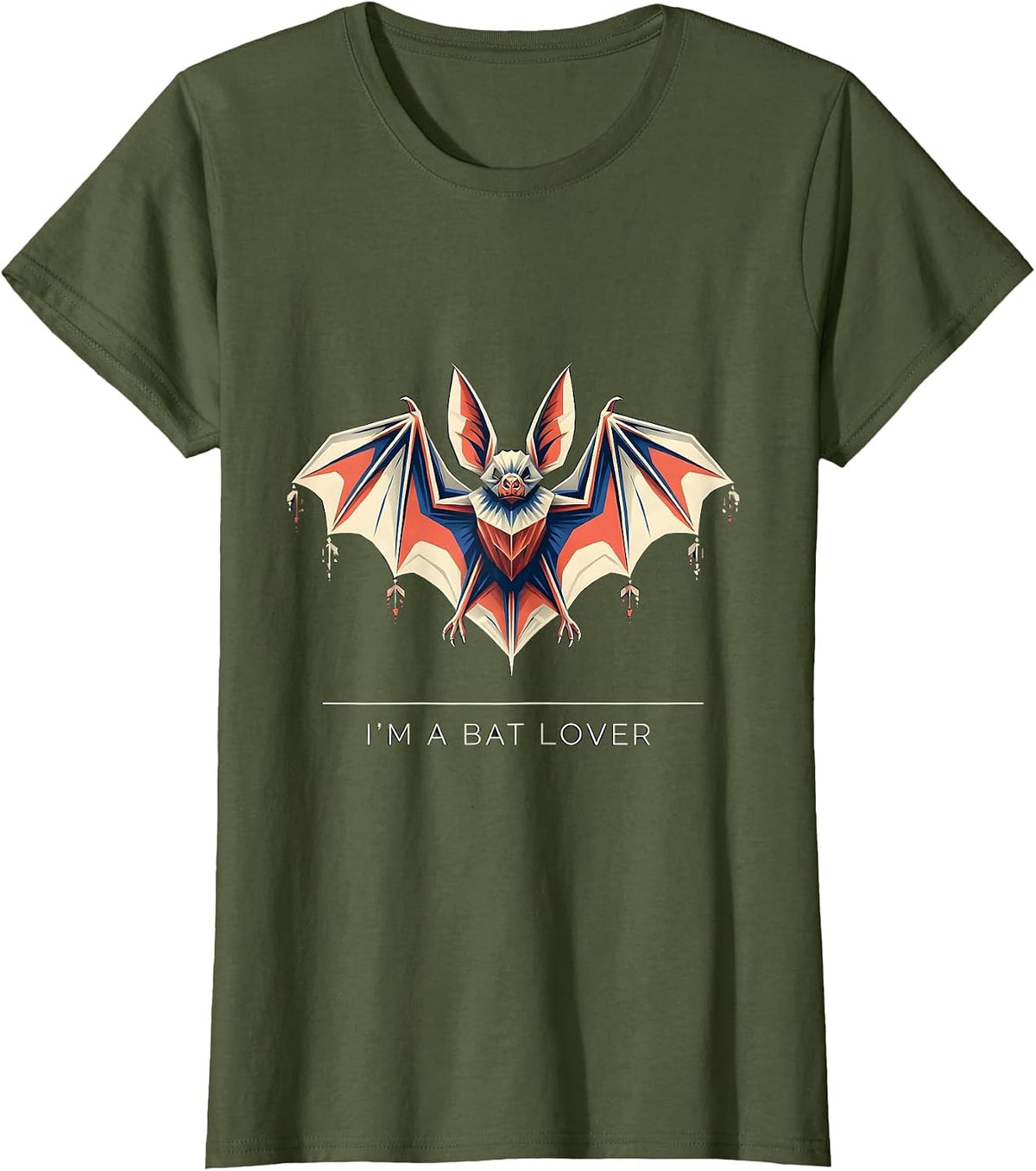 Women's I'm A Bat Lover Geometric Bat Wildlife Conservation T-Shirt - Olive Green