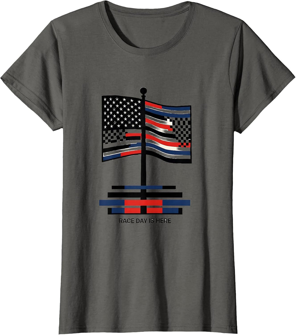 Women's Race Day Is Here Patriotic Drag Racing Checkered Flag T-Shirt - Asphalt Grey