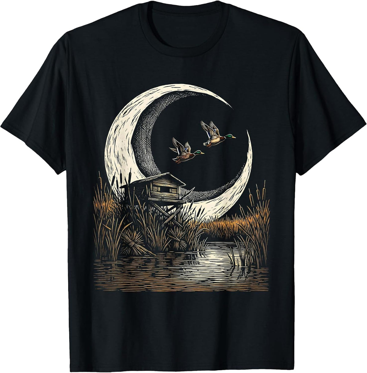 Men's Crescent Moon Duck Blind Silhouette Hunting Design T-Shirt - Black