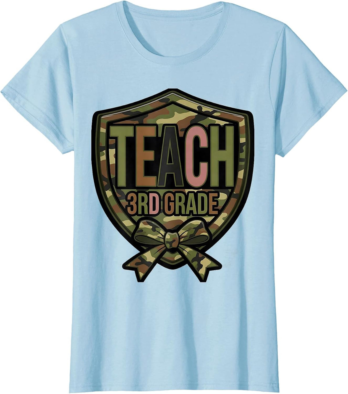 Teach 3rd Grade Camo Teacher Bow Trendy Fashion T-Shirt - Baby Blue