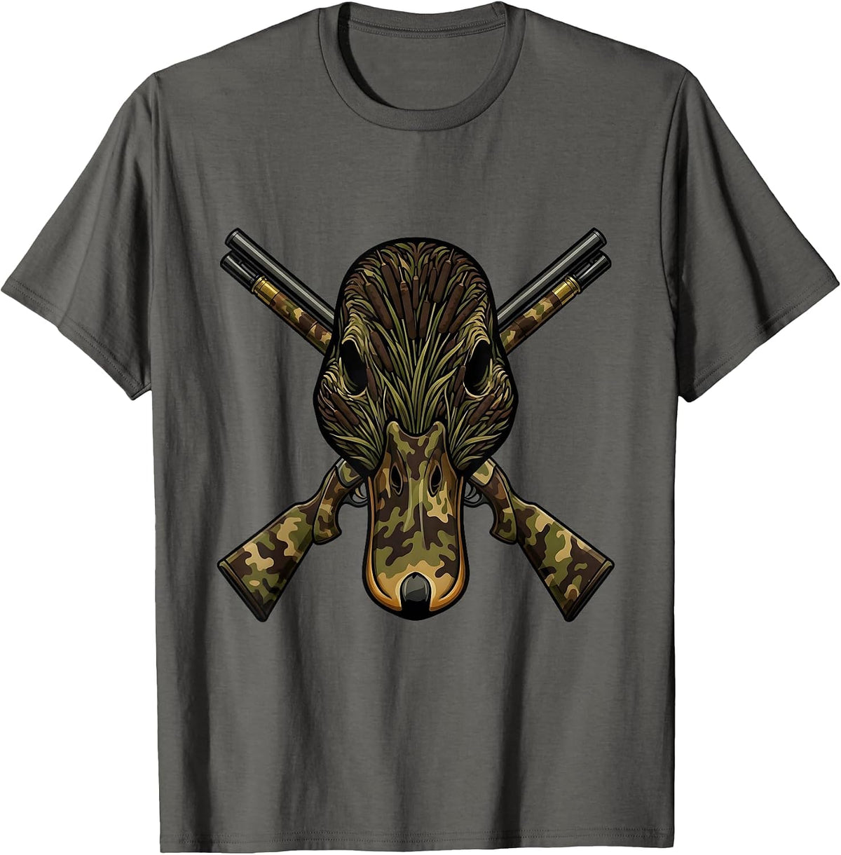 Men's Duck Camo Skull Crossed Shotgun Shells Design T-Shirt - Asphalt Grey