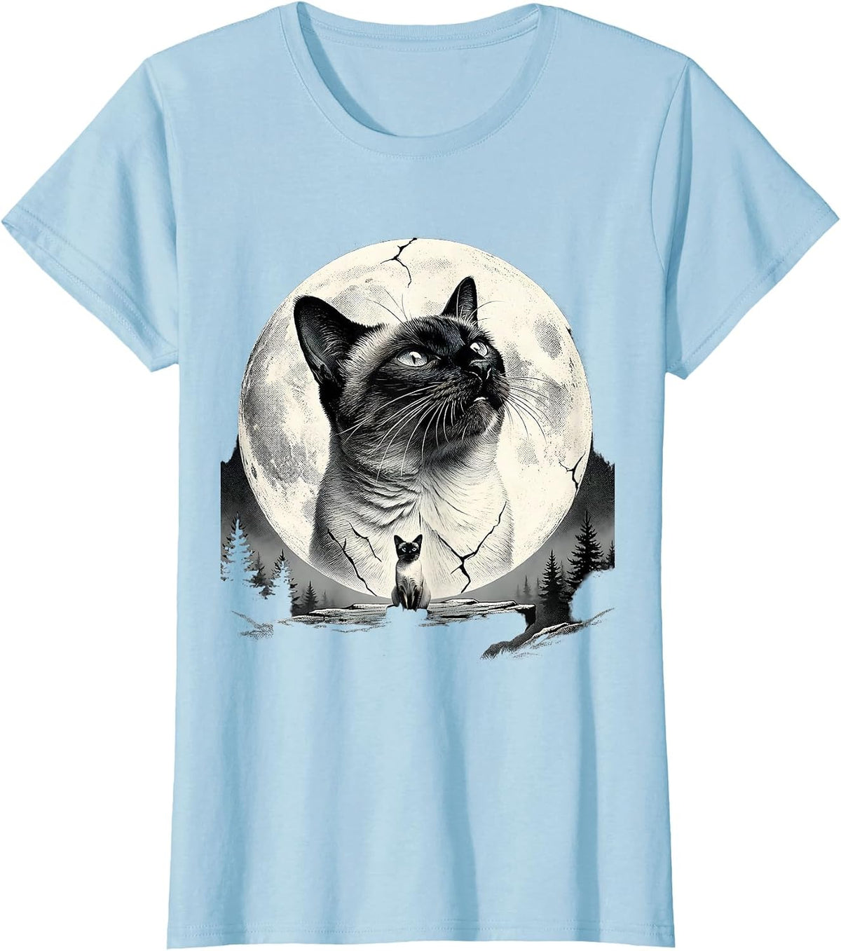 Women's Siamese Cat Howling at Moon 90s Retro Novelty T-Shirt - Baby Blue