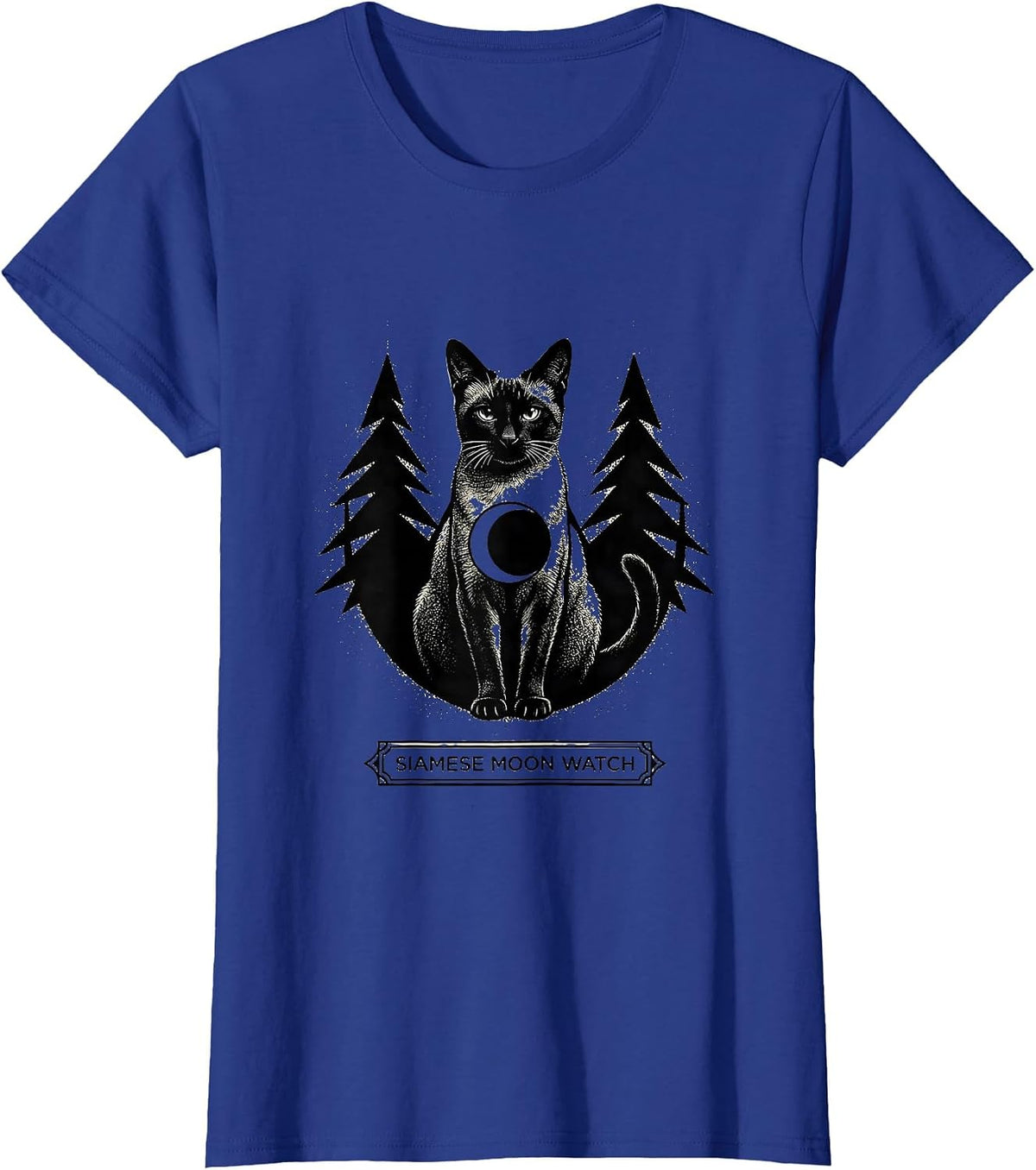 Women's Siamese Moon Watch Blackwork Dotwork 90s Retro Cat Lover T-Shirt - Royal Blue