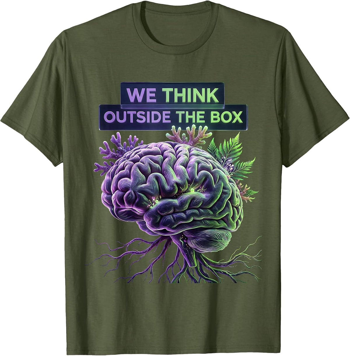 We Think Outside the Box Neurodiversity Design T-Shirt - Olive Green