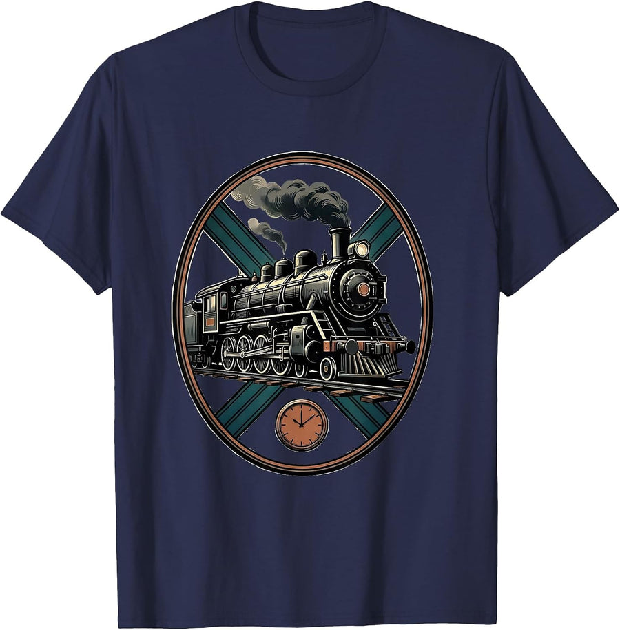 Steam Locomotive Badge Train Enthusiast Vintage Emblem T-Shirt - Navy Blue