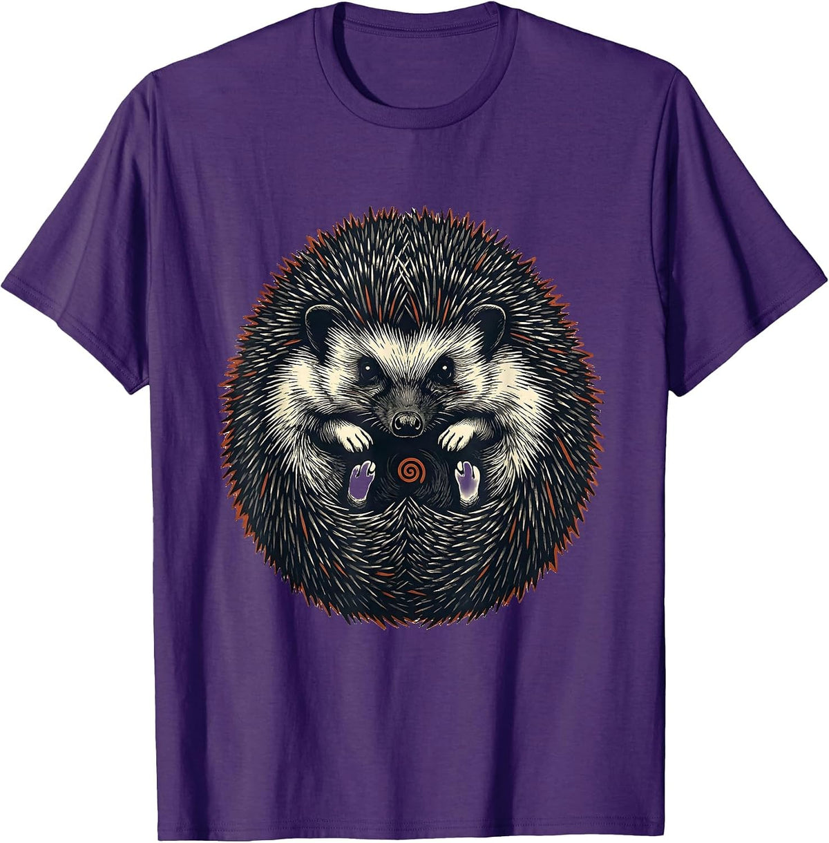 Men's Cute Curled Hedgehog Linocut Animal Lover Gift T-Shirt - Purple