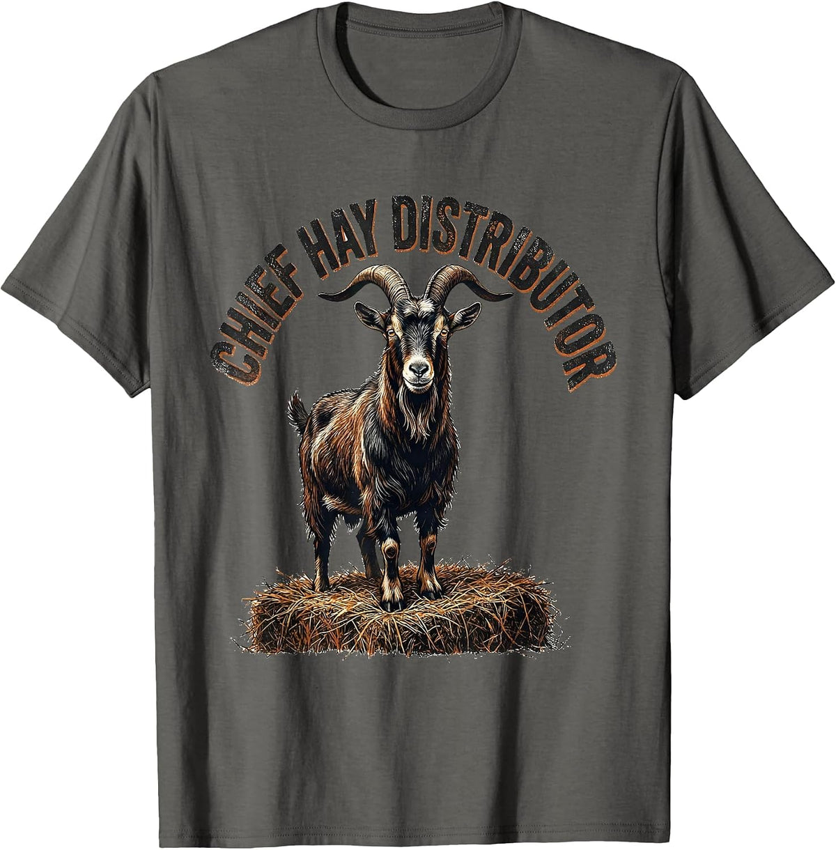 Men's Chief Hay Distributor Distressed Funny Goat Lover Farmer T-Shirt - Asphalt Grey