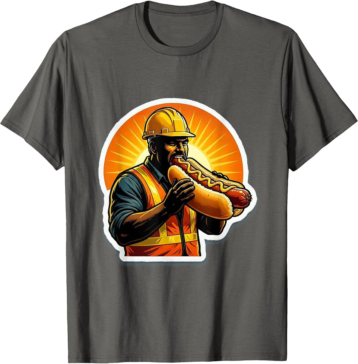 Construction Worker Hot Dog Sunrise Graphic T-Shirt - Asphalt Grey