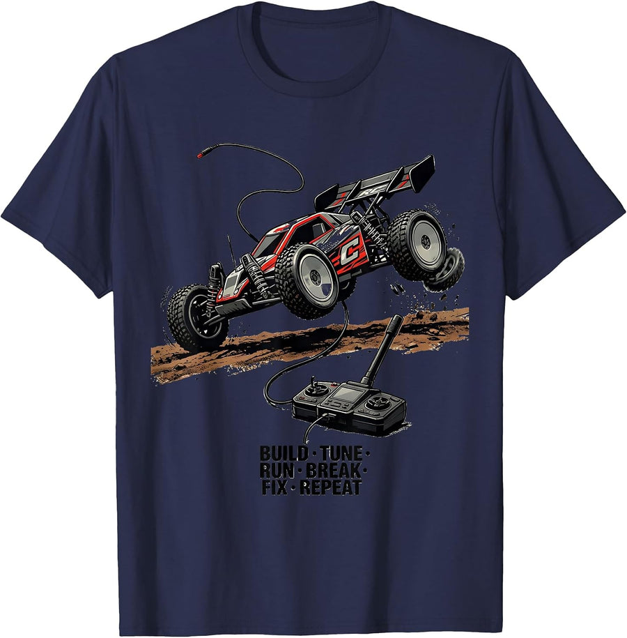 Build Tune Run Break Fix Repeat Funny RC Car Racing Hobbyist T-Shirt - Navy Blue